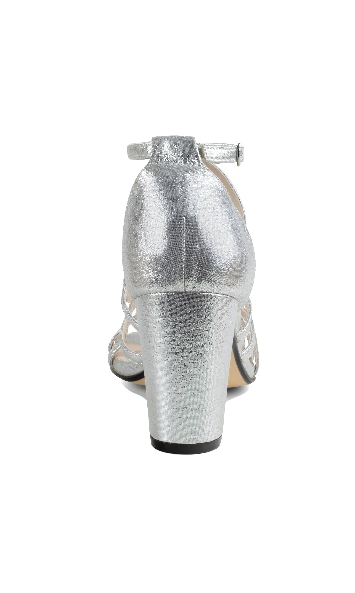 Rear view of Lupe Silver Shimmer Prom Dress Shoes: Touch Ups 4621 with ankle strap and closed heel counter, perfect as silver prom shoes, shown against a white background.